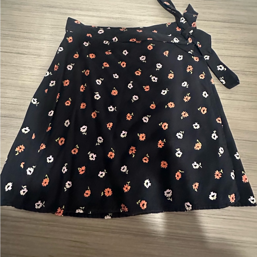 BP Nordstrom Small Black Orange Cream Floral Wrap Front Tie Skirt